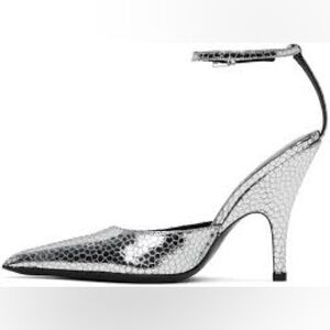 BY FAR Silver Textured Heels Pumps with Ankle Strap EU40/ US9-10